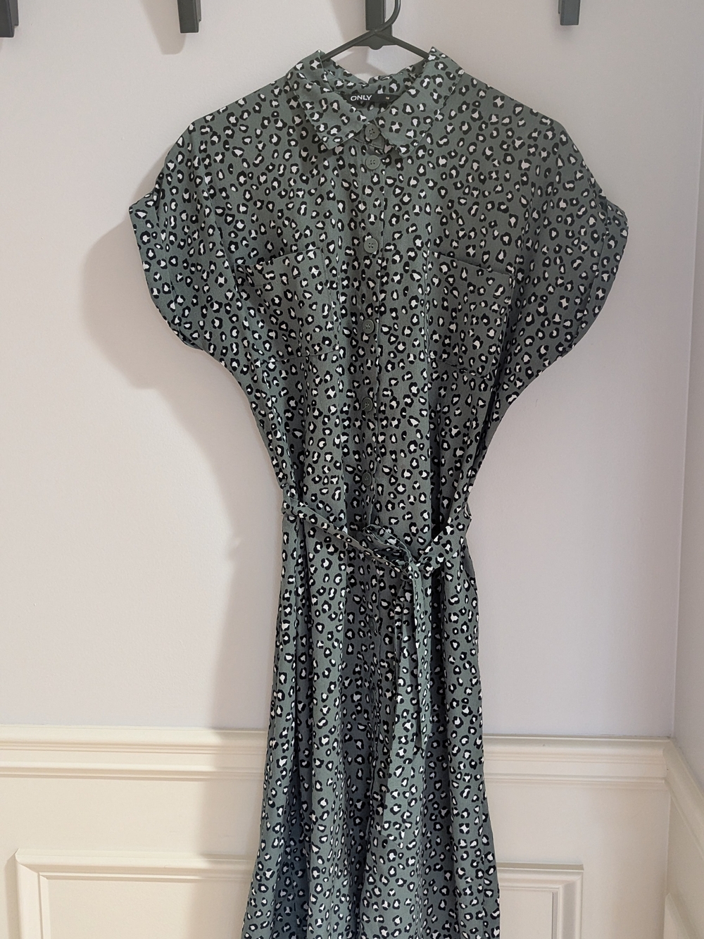 ONLY Sage Green Leopard Print Maxi Shirt Dress with Tie